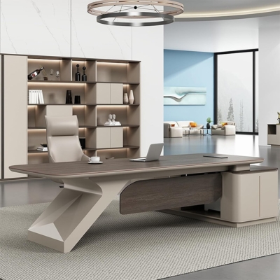 Bàn giám đốc chữ L kèm tủ phụ, yếm lửng, chân bàn cách điệu DKFBGD102