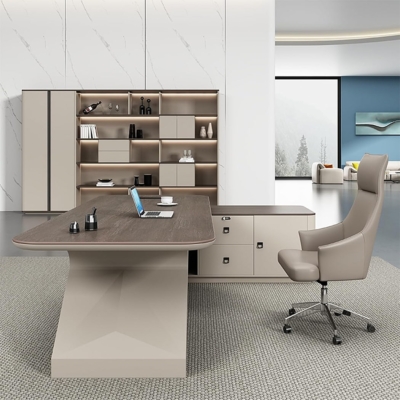 Bàn giám đốc chữ L kèm tủ phụ, yếm lửng, chân bàn cách điệu DKFBGD102