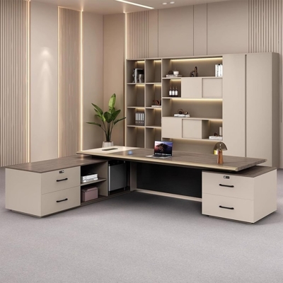 Bàn giám đốc đẹp bằng gỗ hình chữ L, kèm tủ phụ đa năng DKFBGD103