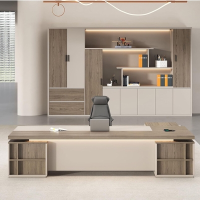 Bàn giám đốc gỗ 2m2 kèm tủ phụ đa năng, trang trí đèn LED DKFBGD108