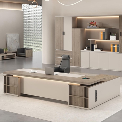 Bàn giám đốc gỗ 2m2 kèm tủ phụ đa năng, trang trí đèn LED DKFBGD108