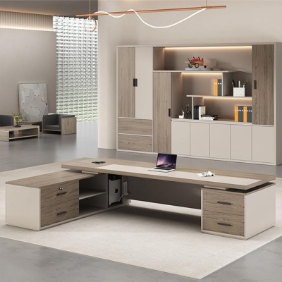 Bàn giám đốc gỗ 2m2 kèm tủ phụ đa năng, trang trí đèn LED DKFBGD108