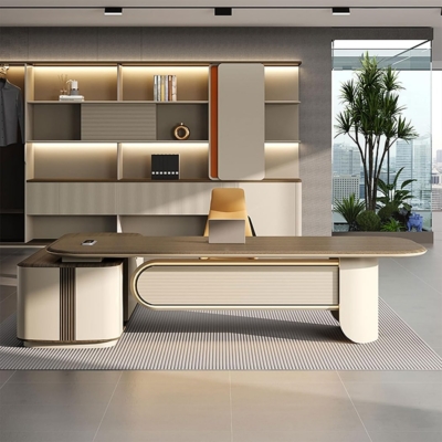 Bàn giám đốc chữ L kèm tủ phụ, yếm và chân bàn độc đáo DKFBGD114