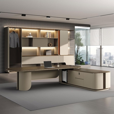 Bàn giám đốc chữ L kèm tủ phụ, yếm và chân bàn độc đáo DKFBGD114