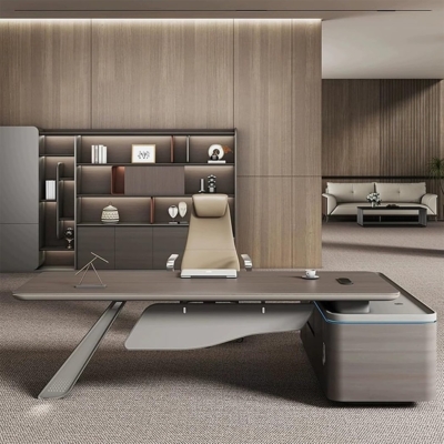 Bàn giám đốc chữ L, yếm và chân bàn thiết kế cách điệu DKFBGD120