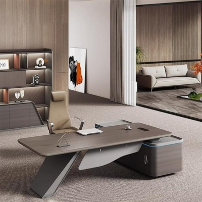 Bàn giám đốc chữ L, yếm và chân bàn thiết kế cách điệu DKFBGD120