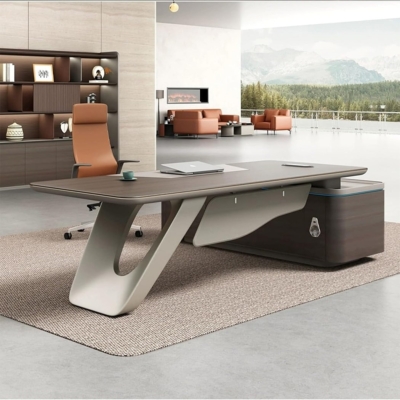 Bàn giám đốc chữ L, yếm và chân bàn thiết kế cách điệu DKFBGD120