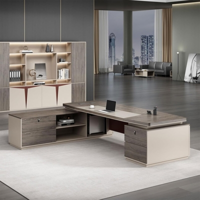 Bàn giám đốc gỗ hình chữ L, mặt bàn vát cạnh độc đáo DKFBGD121