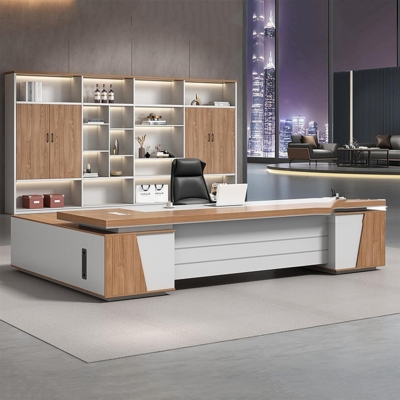 Bàn giám đốc gỗ mdf chữ L kèm tủ phụ, tích hợp khe thoáng khí DKFBGD122