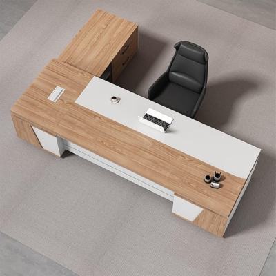 Bàn giám đốc gỗ mdf chữ L kèm tủ phụ, tích hợp khe thoáng khí DKFBGD122