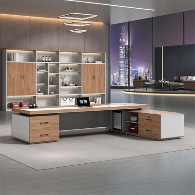 Bàn giám đốc gỗ mdf chữ L kèm tủ phụ, tích hợp khe thoáng khí DKFBGD122