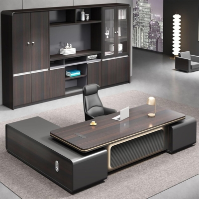 Bàn giám đốc cao cấp chữ L, yếm bàn tích hợp đèn LED DKFBGD123