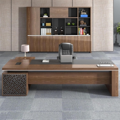 Bàn giám đốc gỗ chữ L kèm tủ phụ, khung chân họa tiết độc đáo DKFBGD126