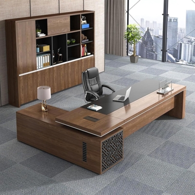 Bàn giám đốc gỗ chữ L kèm tủ phụ, khung chân họa tiết độc đáo DKFBGD126