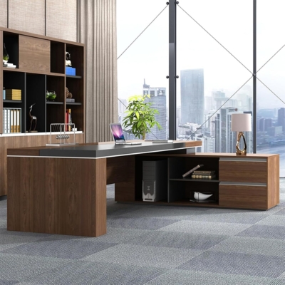 Bàn giám đốc gỗ chữ L kèm tủ phụ, khung chân họa tiết độc đáo DKFBGD126