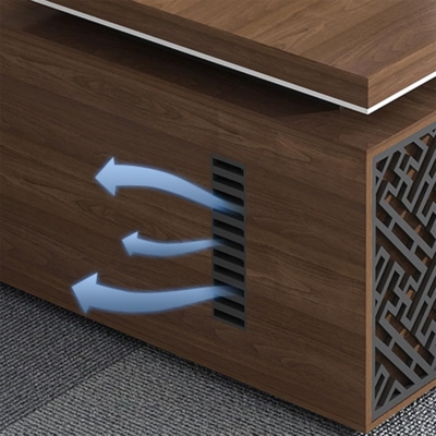 Bàn giám đốc gỗ chữ L kèm tủ phụ, khung chân họa tiết độc đáo DKFBGD126