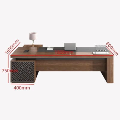 Bàn giám đốc gỗ chữ L kèm tủ phụ, khung chân họa tiết độc đáo DKFBGD126