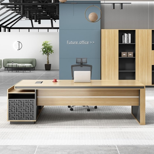 Bàn giám đốc gỗ chữ L kèm tủ phụ, khung chân họa tiết độc đáo DKFBGD126