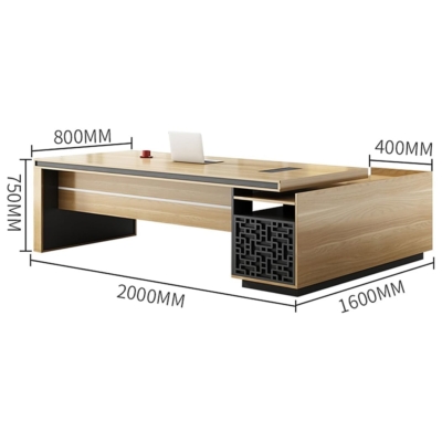 Bàn giám đốc gỗ chữ L kèm tủ phụ, khung chân họa tiết độc đáo DKFBGD126