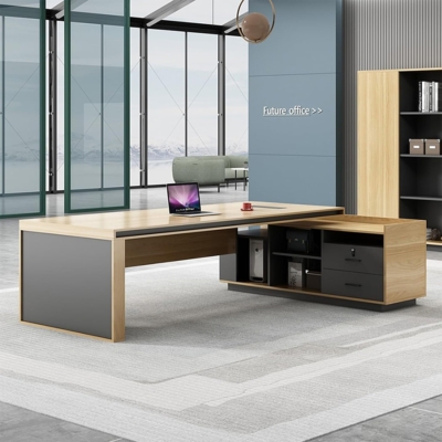 Bàn giám đốc gỗ chữ L kèm tủ phụ, khung chân họa tiết độc đáo DKFBGD126