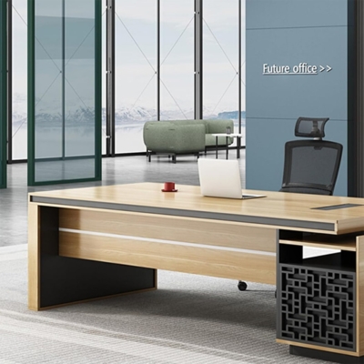 Bàn giám đốc gỗ chữ L kèm tủ phụ, khung chân họa tiết độc đáo DKFBGD126