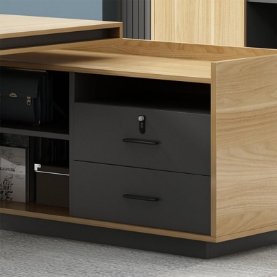 Bàn giám đốc gỗ chữ L kèm tủ phụ, khung chân họa tiết độc đáo DKFBGD126