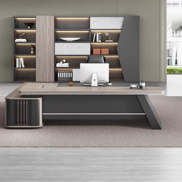 Bàn giám đốc chữ L kèm tủ phụ, chân bàn khối nghiêng độc đáo DKFBGD128