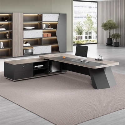 Bàn giám đốc chữ L kèm tủ phụ, chân bàn khối nghiêng độc đáo DKFBGD128