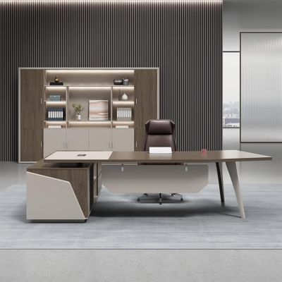 Bàn giám đốc chân sắt kèm tủ phụ, mặt bàn uốn cong cách điệu DKFBGD129