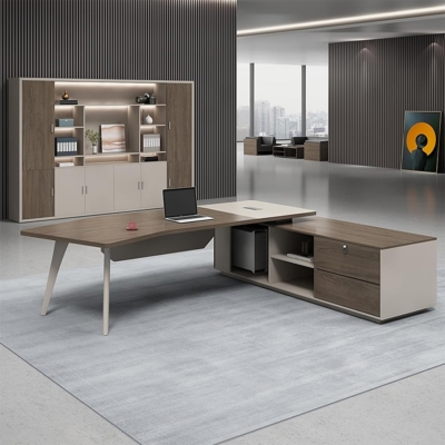 Bàn giám đốc chân sắt kèm tủ phụ, mặt bàn uốn cong cách điệu DKFBGD129