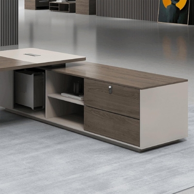 Bàn giám đốc chân sắt kèm tủ phụ, mặt bàn uốn cong cách điệu DKFBGD129