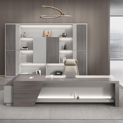 Bàn giám đốc chữ L, yếm bàn tích hợp kệ trang trí kèm tủ phụ DKFBGD131