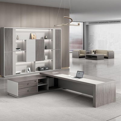 Bàn giám đốc chữ L, yếm bàn tích hợp kệ trang trí kèm tủ phụ DKFBGD131