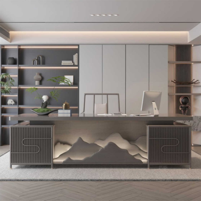 Bàn giám đốc gỗ mdf, yếm bàn họa tiết độc đáo DKFBGD66