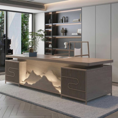 Bàn giám đốc gỗ mdf, yếm bàn họa tiết độc đáo DKFBGD66