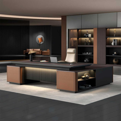 Bàn giám đốc bằng gỗ hình chữ L tích hợp tủ phụ đa năng DKFBGD70