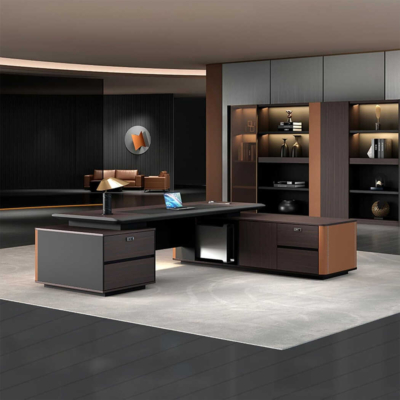 Bàn giám đốc bằng gỗ hình chữ L tích hợp tủ phụ đa năng DKFBGD70