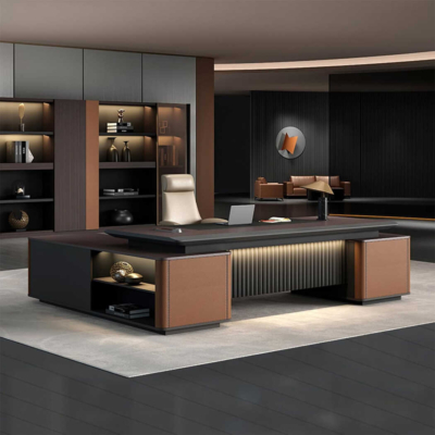 Bàn giám đốc bằng gỗ hình chữ L tích hợp tủ phụ đa năng DKFBGD70