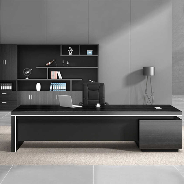 Bàn giám đốc bằng gỗ màu đen hình chữ L kèm theo tủ phụ đa năng DKFBGD71