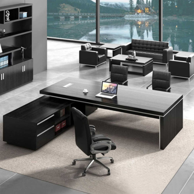 Bàn giám đốc bằng gỗ màu đen hình chữ L kèm theo tủ phụ đa năng DKFBGD71