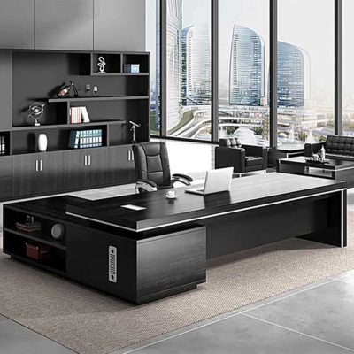 Bàn giám đốc bằng gỗ màu đen hình chữ L kèm theo tủ phụ đa năng DKFBGD71