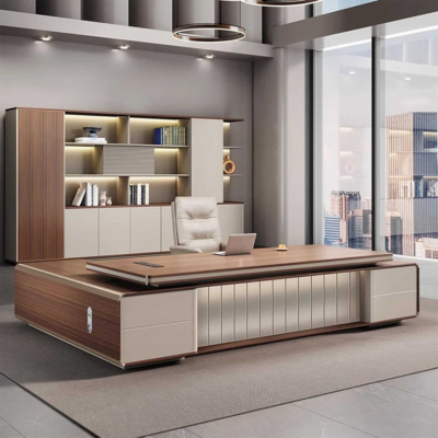 Bàn giám đốc cao cấp chữ L màu gỗ nâu, yếm bàn trang trí lạ mắt DKFBGD75-1