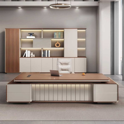 Bàn giám đốc cao cấp chữ L màu gỗ nâu, yếm bàn trang trí lạ mắt DKFBGD75-1