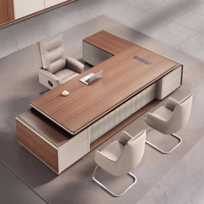 Bàn giám đốc cao cấp chữ L màu gỗ nâu, yếm bàn trang trí lạ mắt DKFBGD75-1