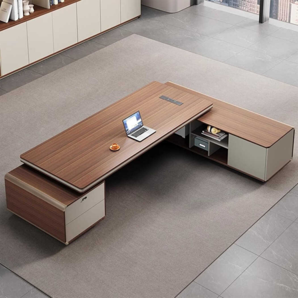 Bàn giám đốc cao cấp chữ L màu gỗ nâu, yếm bàn trang trí lạ mắt DKFBGD75-1