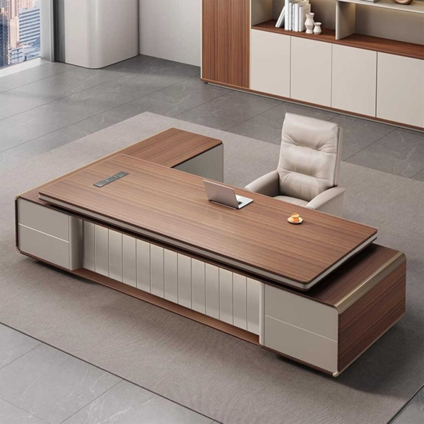Bàn giám đốc cao cấp chữ L màu gỗ nâu, yếm bàn trang trí lạ mắt DKFBGD75-1