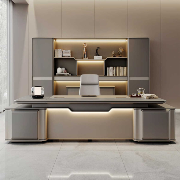 Bàn giám đốc bằng gỗ hình chữ L kèm tủ phụ, tích hợp đèn LED độc đáo DKFBGD85