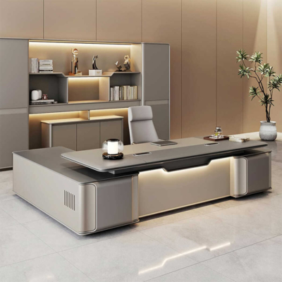 Bàn giám đốc bằng gỗ hình chữ L kèm tủ phụ, tích hợp đèn LED độc đáo DKFBGD85