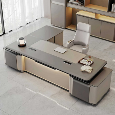 Bàn giám đốc bằng gỗ hình chữ L kèm tủ phụ, tích hợp đèn LED độc đáo DKFBGD85