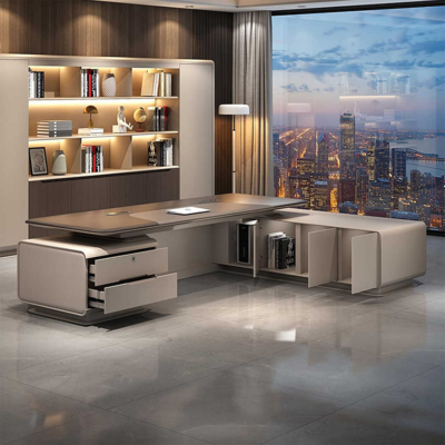 Bàn giám đốc hiện đại chữ L, kèm tủ phụ, đèn LED tiện lợi DKFBGD87